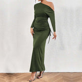 French Diagonal Collar  Unique Design High Waist Dress